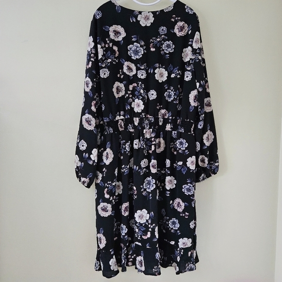 Aqua Curve Dress 2X Floral Smoked Waist LS Midi Ruffle Hem Lined V Neck USA Made - Picture 3 of 16